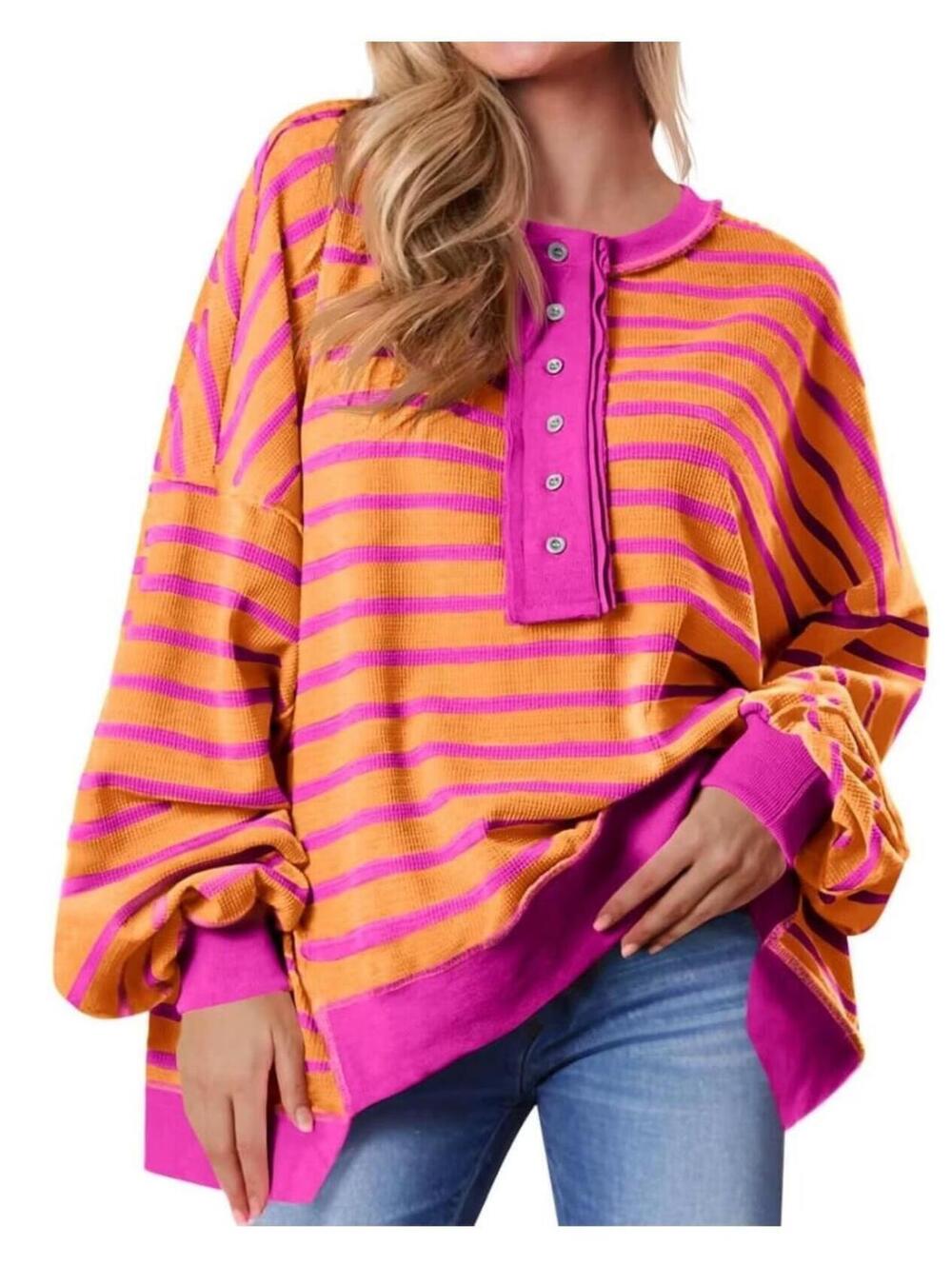 Imily Bela Women Color Block Waffle Knit Top Oversized Comfort Casual Sweatshirt